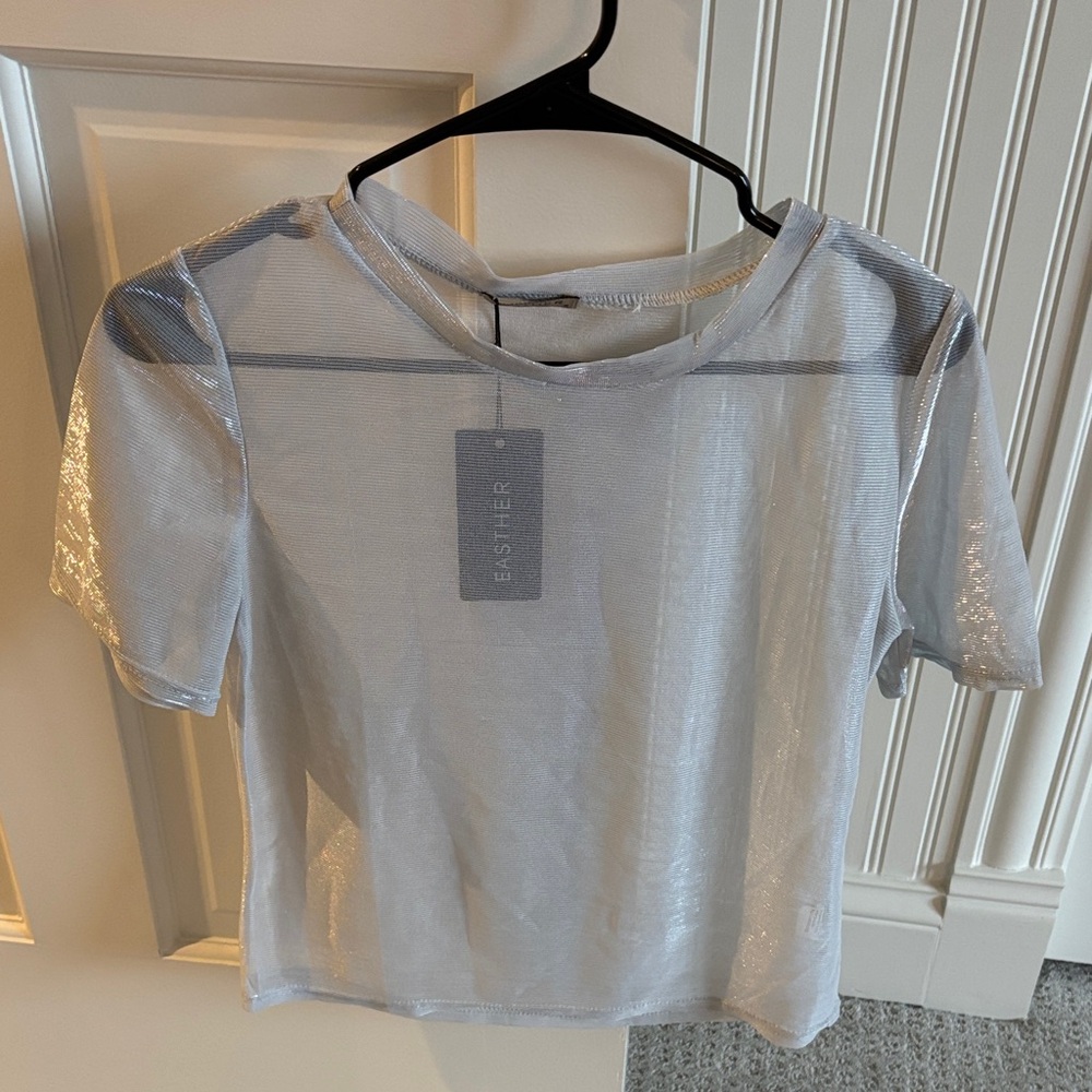 Brand New! Silver Sheer Women's Short Sleeve Top Size Small